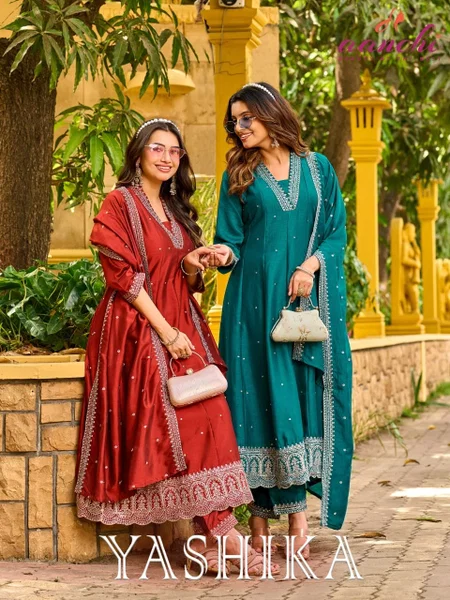 Yashika By Aanchi Vichitra Silk Embroidery Anarkali Kurtis Set 
